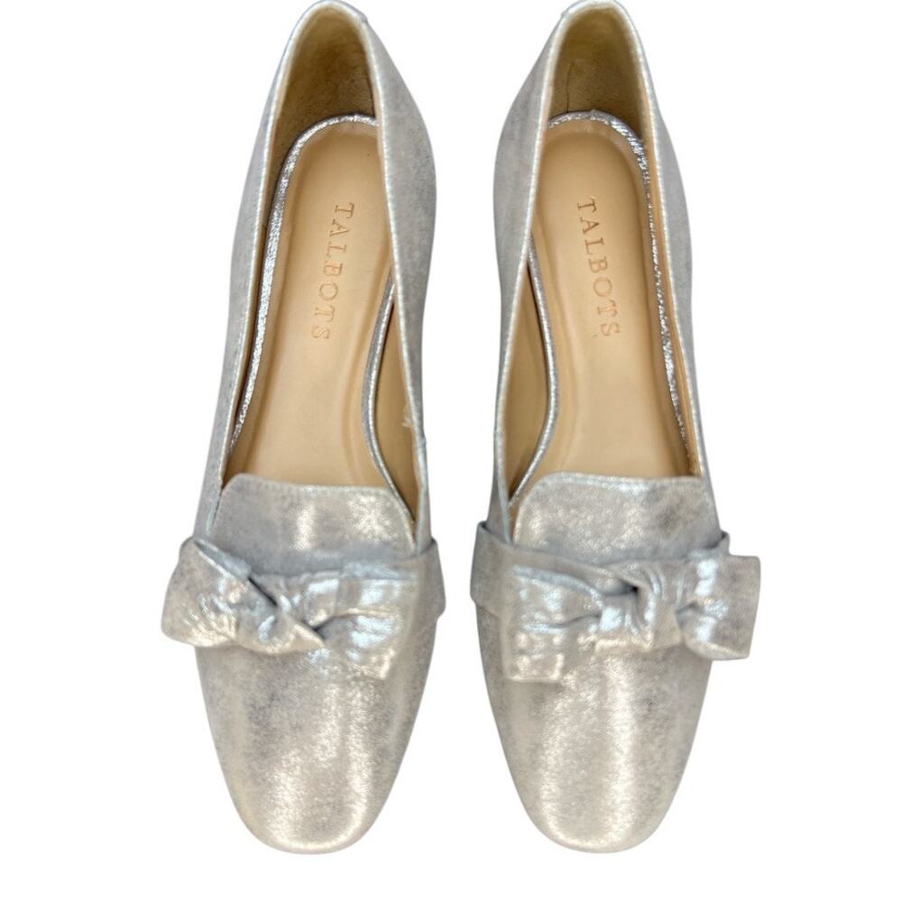 Talbots Jane Bow Metallic Suede Loafers Flats Shoes Sz 7 Silver Preppy Coquette